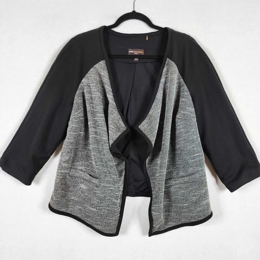 Dana Buchman Soft Drape Front Open Cardigan Jacket Black Gray Pockets Plus 16W